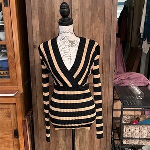 INC International Concepts Black & Cream Striped V-Neck Ribbed Sweater